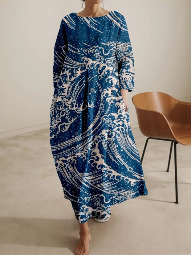 Japanese Ocean Waves Inspired Linen Blend Maxi Dress
