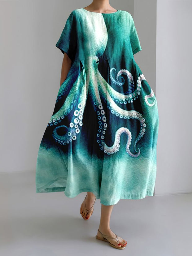 Japanese Octopus Watercolor Art Linen Blend Casual Dress