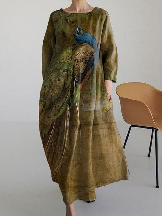 Japanese Peacock Art Vintage Long Sleeve Midi Dress