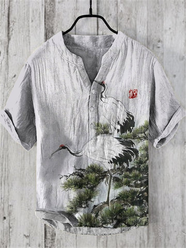 Japanese Pine Tree&Crane Art Linen Blend Shirt