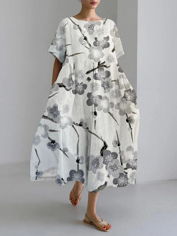 Japanese Plum Art Print Linen Blend Maxi Dress