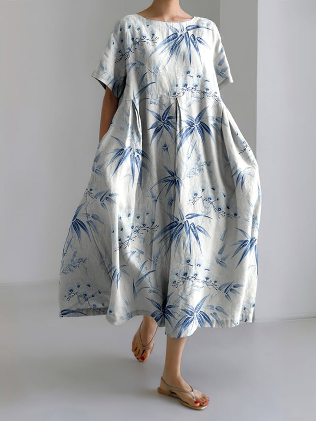 Japanese Plum Blossom & Bamboo Printed Linen Blend Maxi Dress