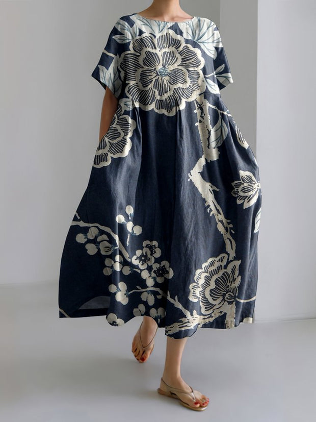 Japanese Plum Bossom Printed Linen Blend Maxi Dress