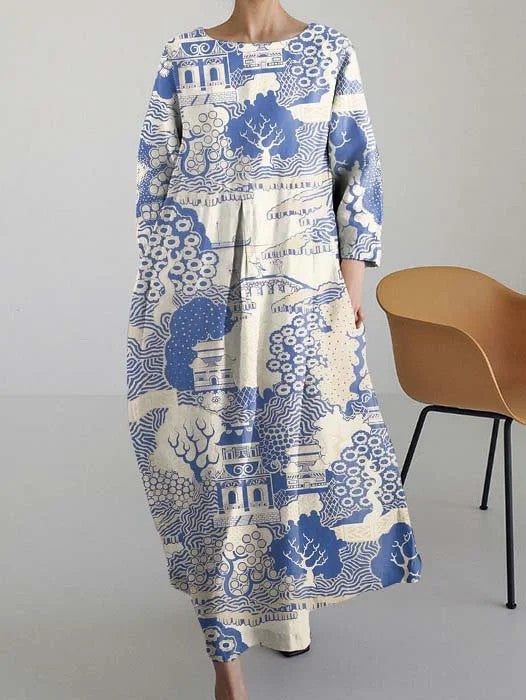 Japanese Retro Art Print Round Neck Long Sleeve Dress