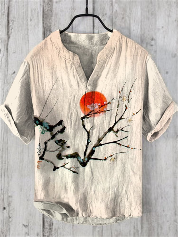 Japanese Sakura And Red Sun Art Linen Blend Cozy Shirt