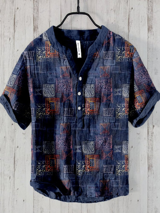 Japanese Squares of Shibori Patchwork Pattern Linen Blend Shirt