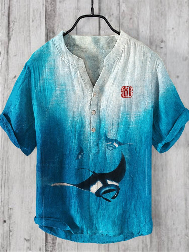 Japanese Underwater Devilfish Print Linen V-Neck Shirt