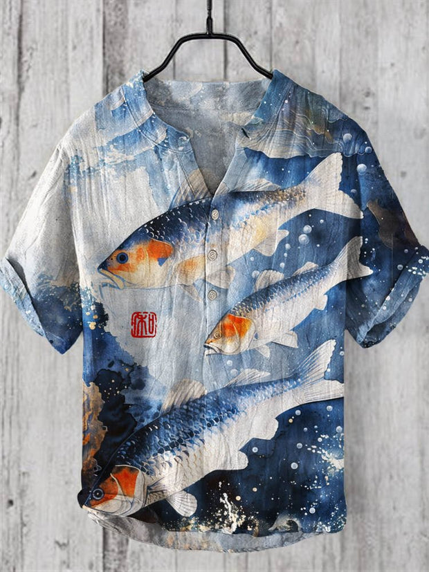 Japanese Underwater Fish Print Linen V-Neck Shirt