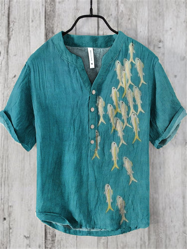 Japanese Vintage Fish Art Linen Blend Shirt