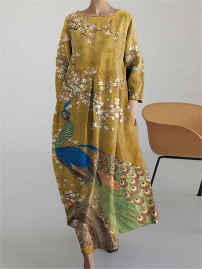 Japanese Vintage Floral Peacock Art Long Sleeve Midi Dress