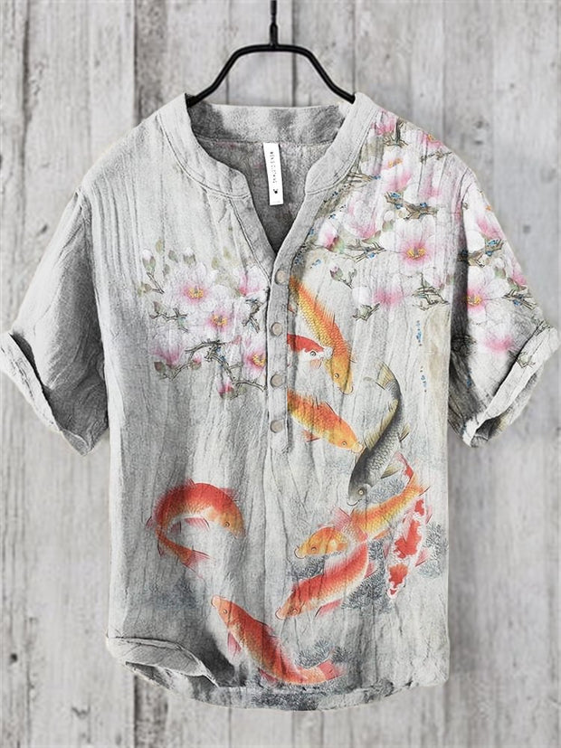 Japanese Vintage Flowers & Koi Art Linen Blend Shirt