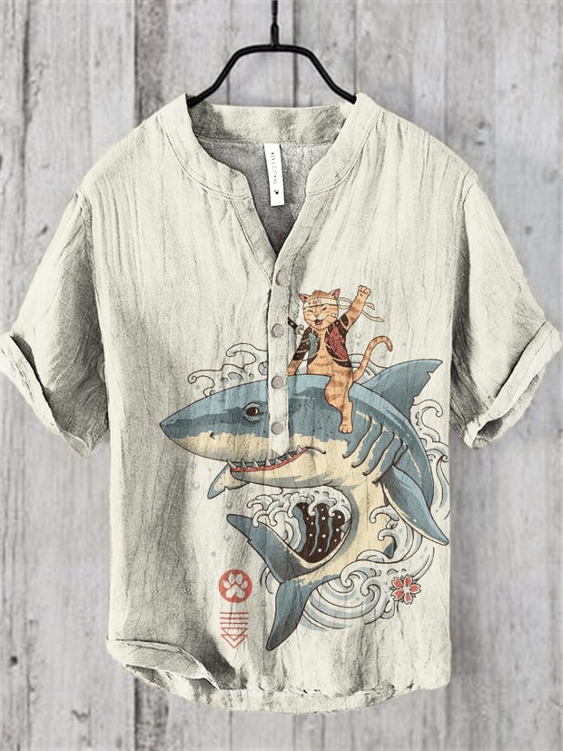 Japanese Vintage Shark & Cat Art Linen Blend Shirt