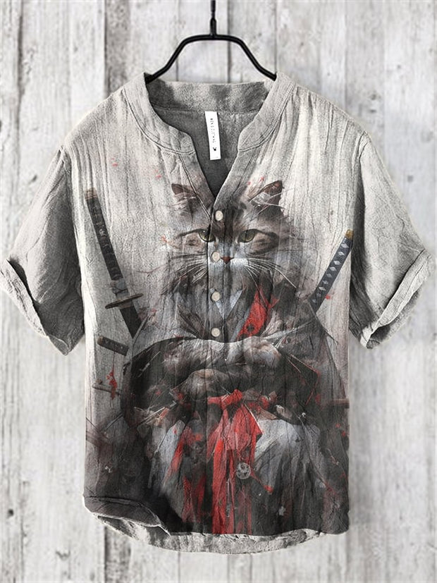 Japanese Warrior Cat Art Linen Blend Shirt