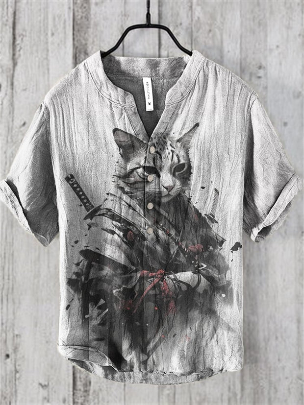 Japanese Warrior Cat Art Linen Blend Shirt