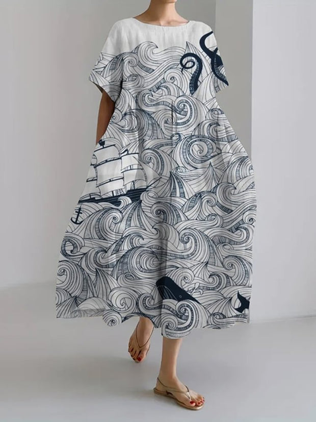Japanese Wave Art Print Short Sleeve Midi Dress