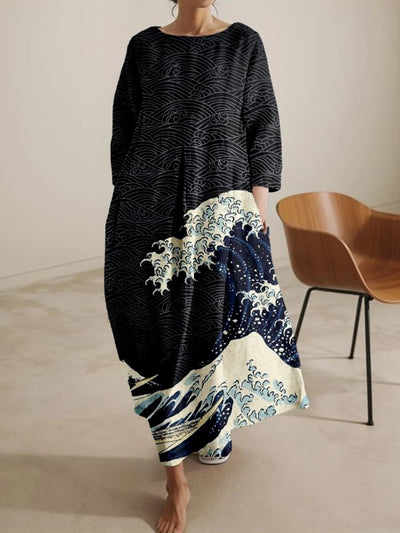 Japanese Wave Inspired Pattern Comfy Midi Dress