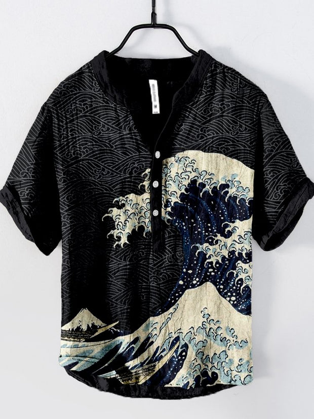 Japanese Wave Inspired Pattern Linen Blend Shirt