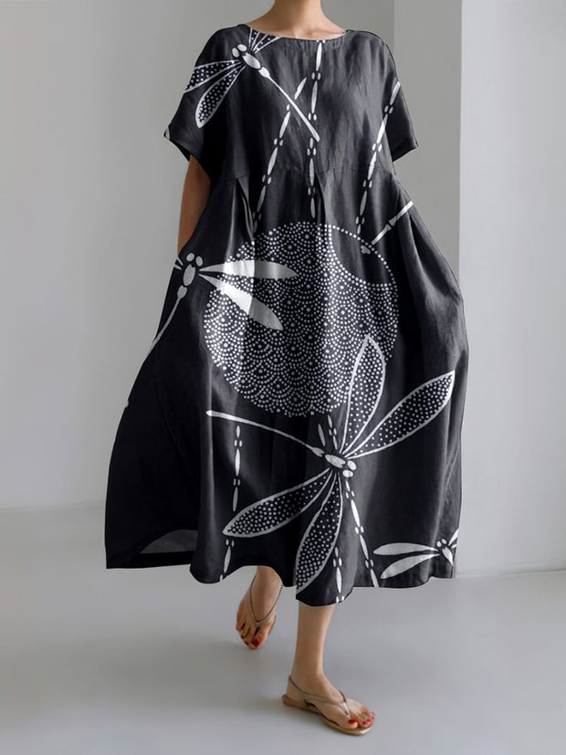 Japanese Waves & Dragonflies Art Linen Blend Casual Dress
