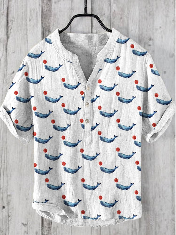 Japanese Whale & Basketball Pattern Linen V-Neck Shirt