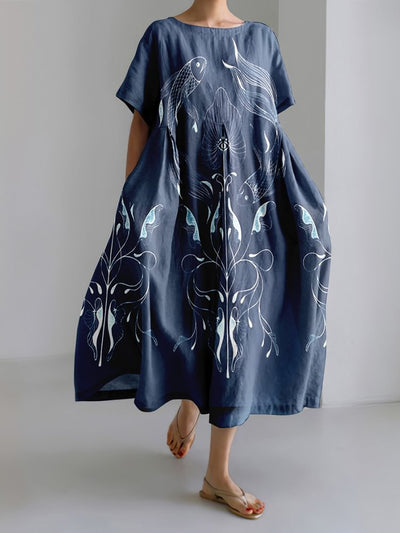 Japanese cyanotype With The Pisces Motive Art Linen Blend Casual Dress