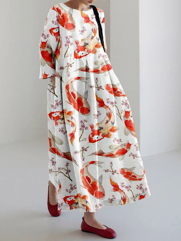 Koi Cherry Blossom Pattern Linen Blend Maxi Dress