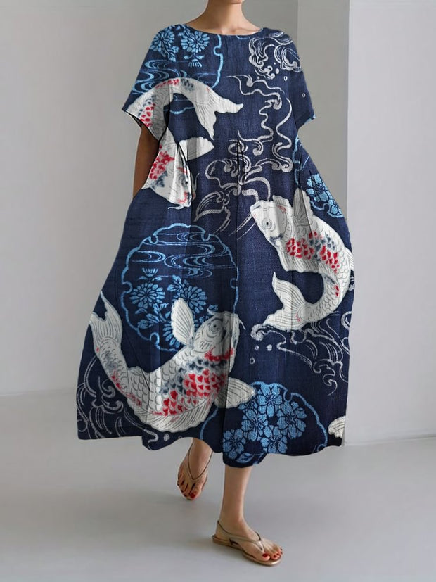 Koi Sea Waves Floral Japanese Art Linen Blend Maxi Dress