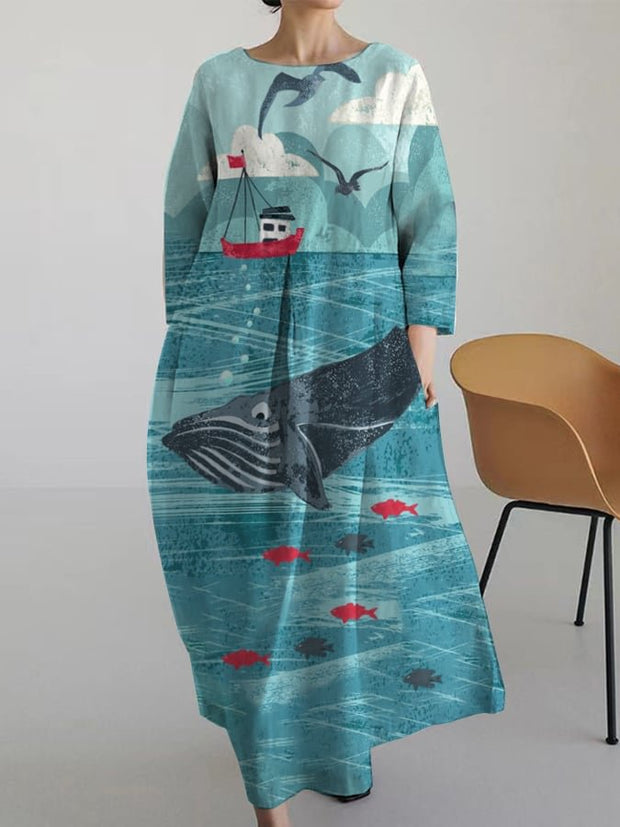 Ladies Fashionable Casual Ocean Whale Print Loose Dress