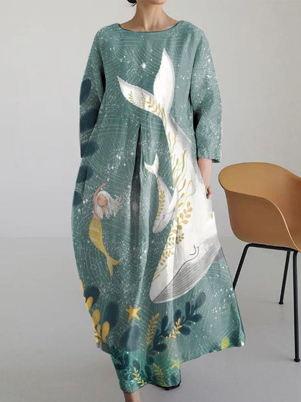 Ladies Fashionable Casual Ocean Whale Print Loose Dress