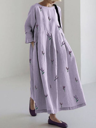 Lavender Floral Embroidered Linen-blend Maxi Dress