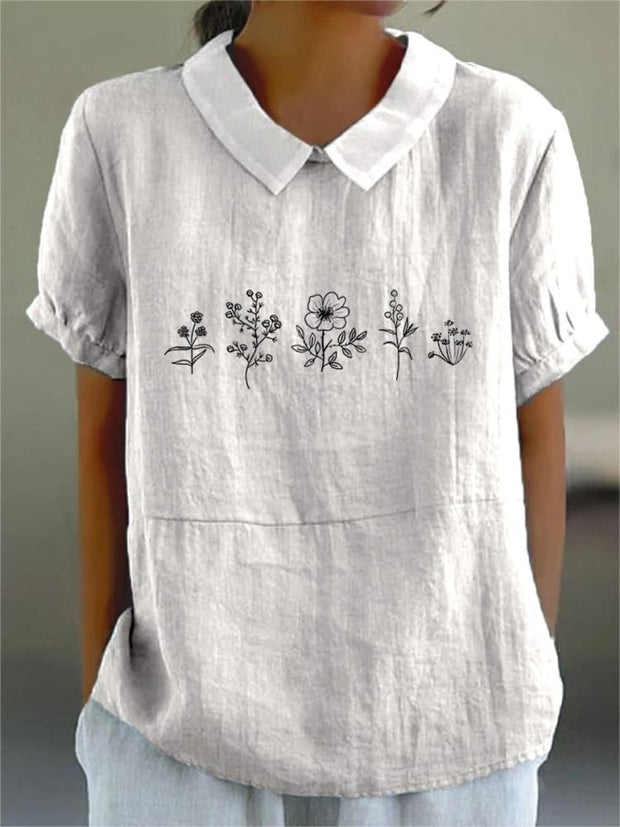 Line Drawing Floral Bush Printed Women's Casual Cotton And Linen Shirt