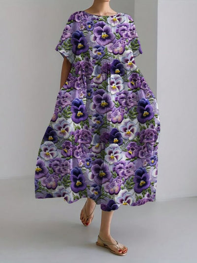 Linen-Blend Maxi Dress With Pansy Floral Embroidery Pattern