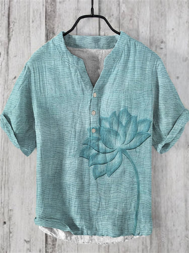 Lotus Japanese Art Linen V-Neck Shirt