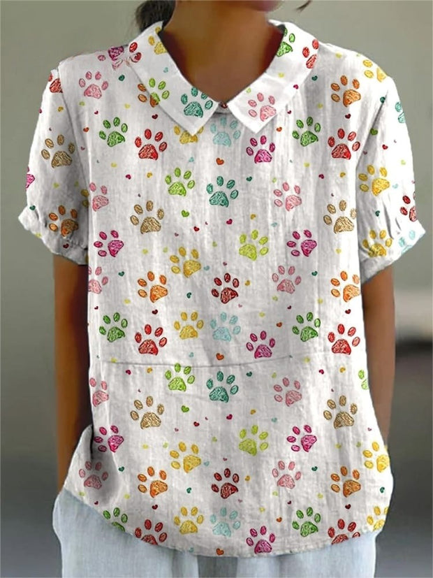 Lovely Animal Paws Pattern Printed Women's Casual Cotton And Linen Shirt