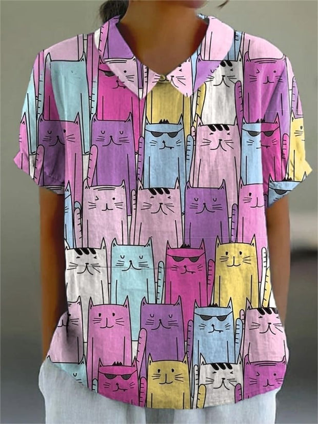 Lovely Cartoon Cat Repeat Pattern Printed Women's Casual Cotton And Linen Shirt