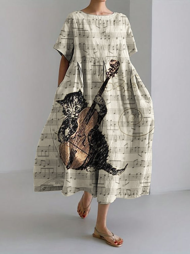 Lovely Cat Musician Sheet Music Linen Blend Maxi Dress