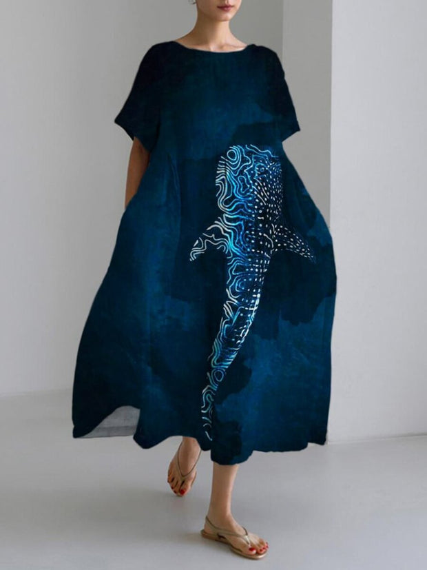 Luminous Line Whale Tie-Dye Print Linen Blend Maxi Dress
