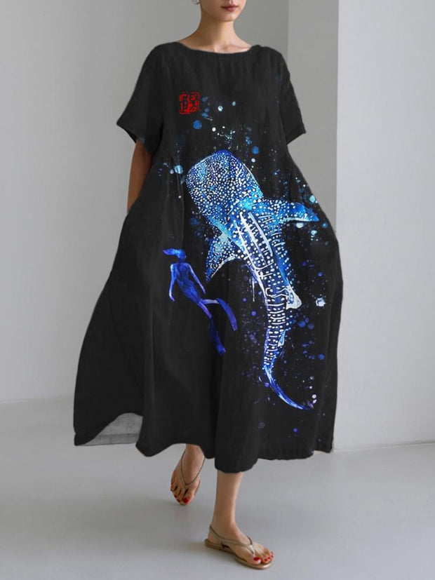Man and Sparkling Whale Shark Pattern Linen Maxi Dress