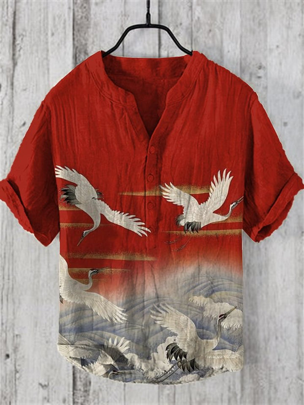 Men's Japanese Crane V Neck Casual Linen Blend Shirt