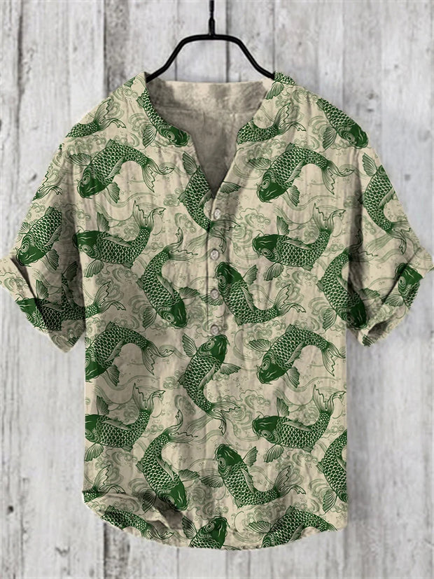 Men's Retro Fish Japanese Art Print Linen Blend Shirt