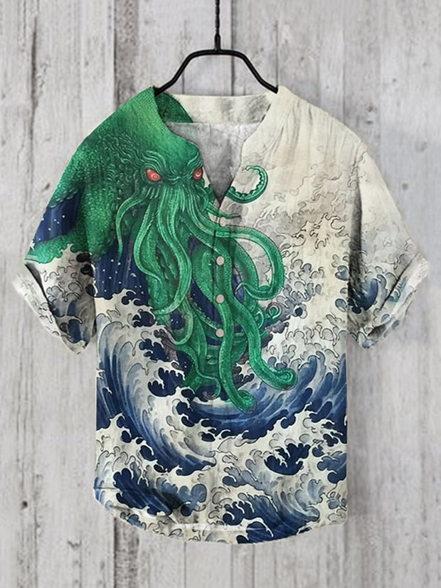 Men's Sea Octopus Art Printed V Neck Casual Shirt