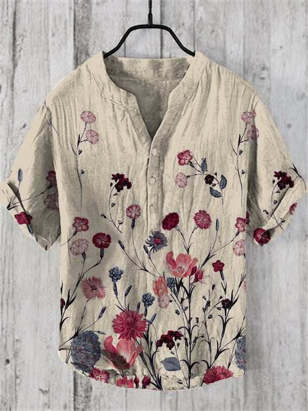 Men's Vintage Art Blossom V Neck Casual Linen Blend Shirt