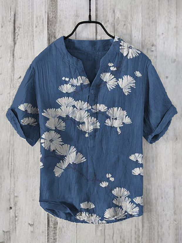 Men's Vintage Japanese Art Blossom V Neck Casual Linen Blend Shirt