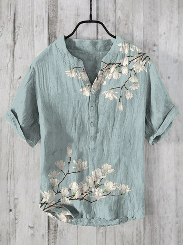 Men's Vintage Japanese Art Magnolia Flower Print Casual Linen Blend Shirt