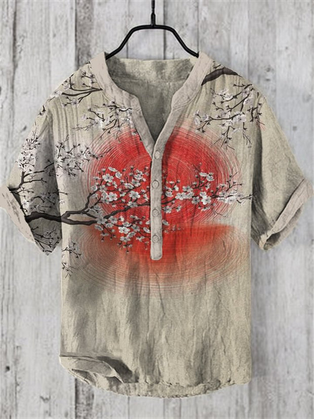 Men's Vintage Japanese Art Moon V Neck Casual Linen Blend Shirt