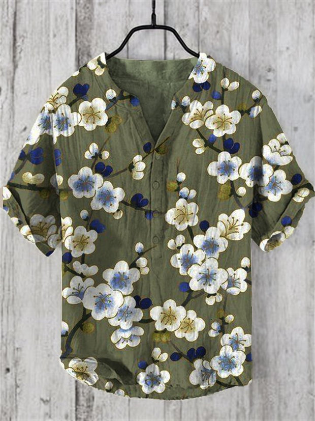 Men's Vintage Japanese Blossom V Neck Casual Linen Blend Shirt