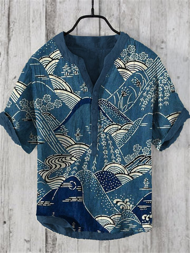 Men's Vintage Landscape Lino Art Linen Blend Shirt