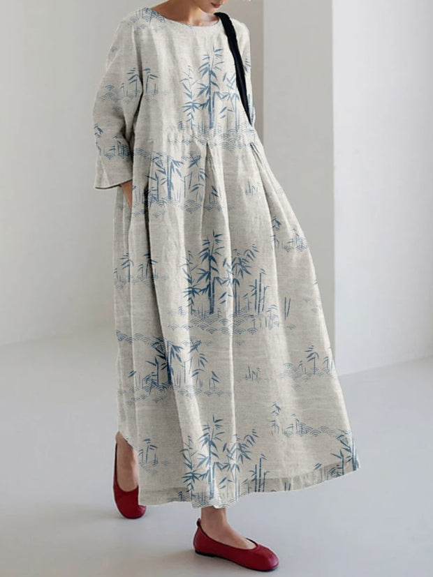 Minimalist Bamboo Art Linen Blend Maxi Dress
