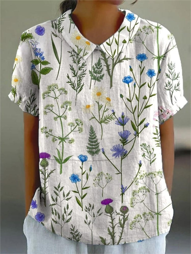 Mixed Floral In Spring Field Pattern Printed Women's Casual Cotton And Linen Shirt