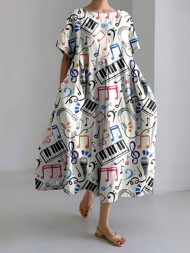 Music Note Print Short Sleeved Casual Midi Dress