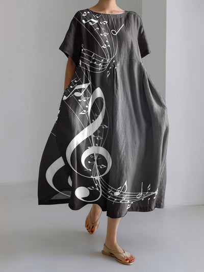 Musical Note Print Short Sleeve Casual Midi Dress